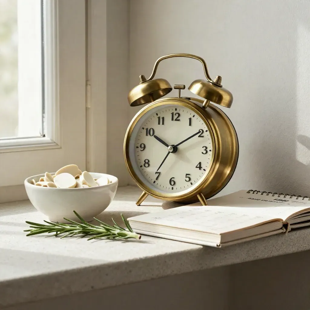 Brass alarm clock, cream planner, ceramic date tokens and rosemary on a stone shelf