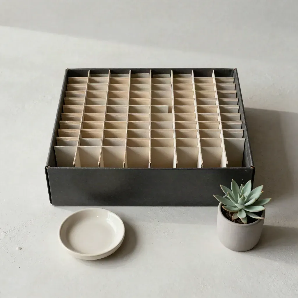 Overhead flatlay of an archival file box with color tabs, ceramic dish, and small plant on plaster.