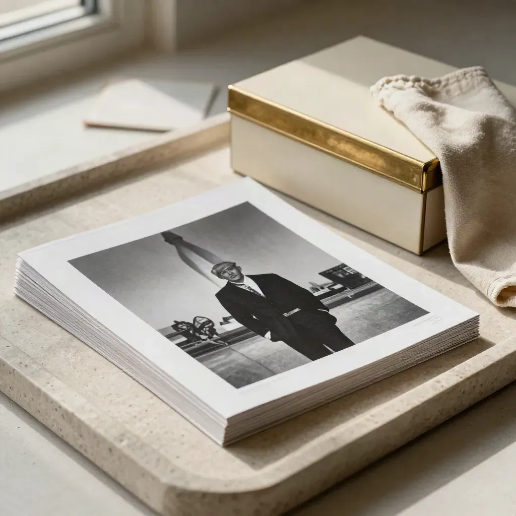 Glossy auction preview photos, brass-edged box, and folded cloth on a limestone tray