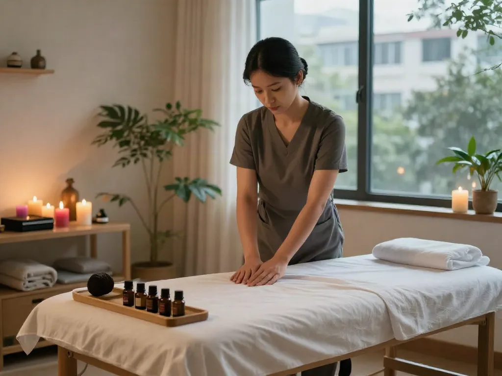 청량리출장마사지 session setup with soft lighting and essential oils for relaxation.
