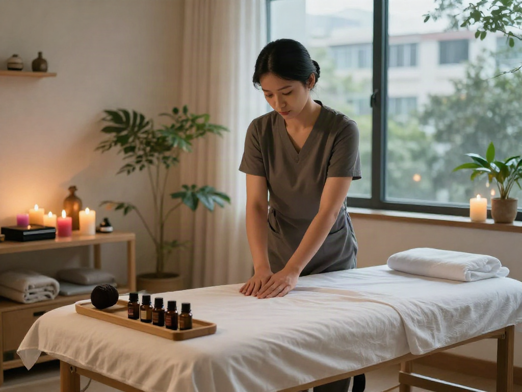 청량리출장마사지 session setup with soft lighting and essential oils for relaxation.