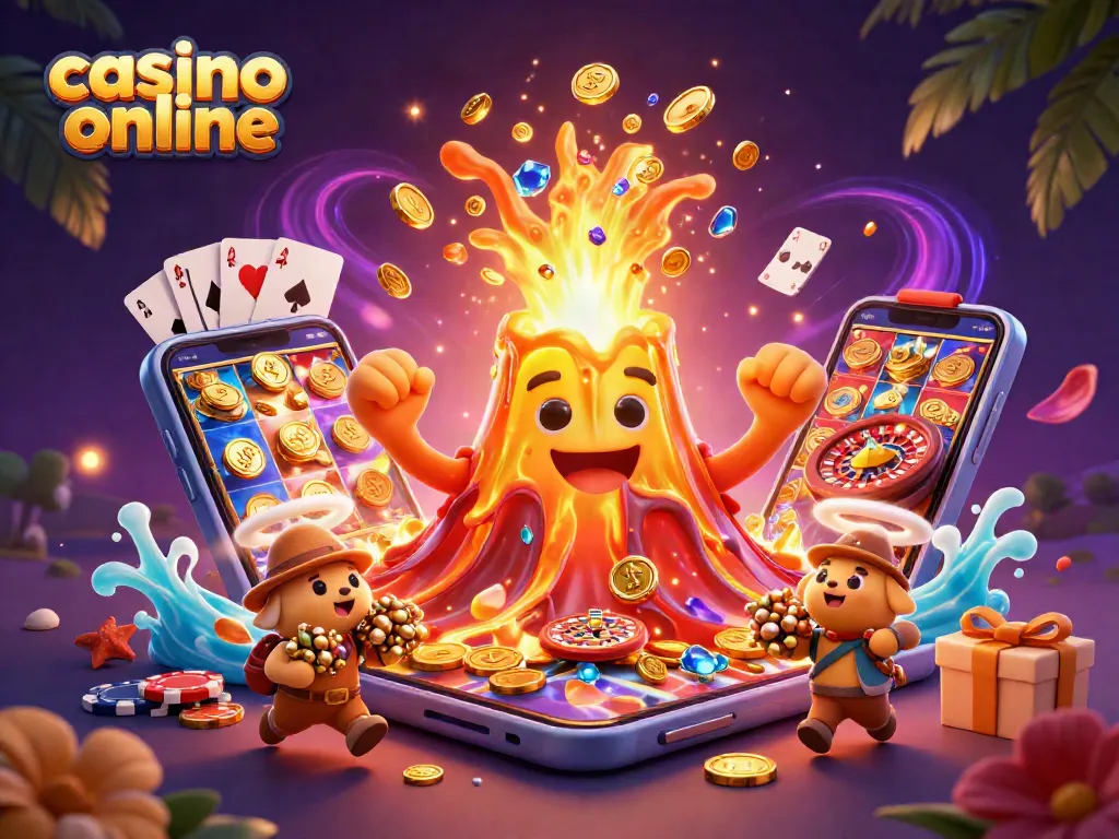 Disfruta de la emoción del casino online con un volcán dorado y animales exploradores cargando tesoros.