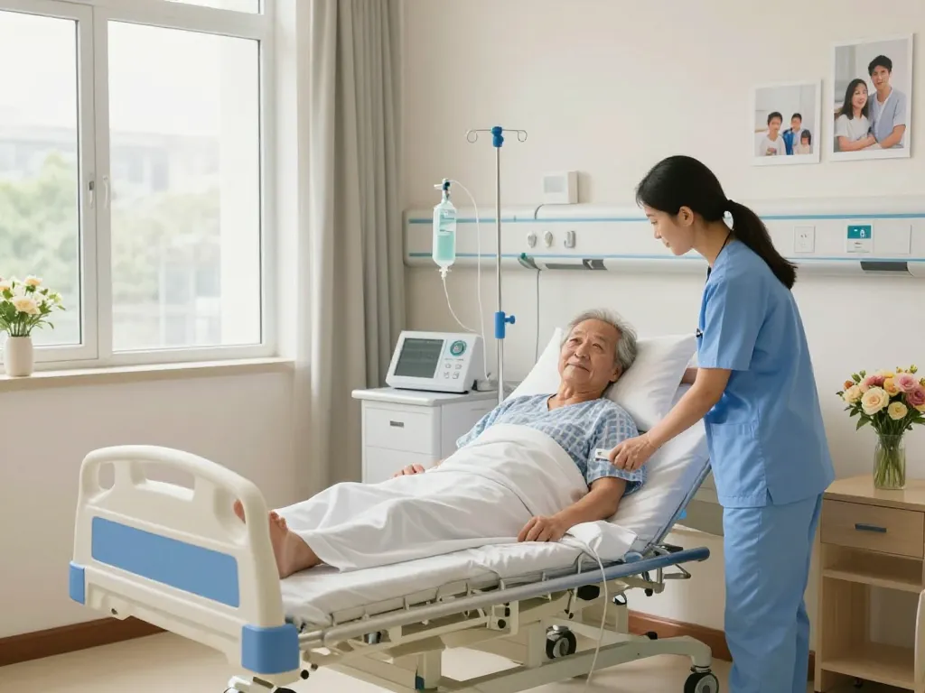 Comfortable giường bệnh nhân in a modern healthcare setting with caregiver adjusting the bed.