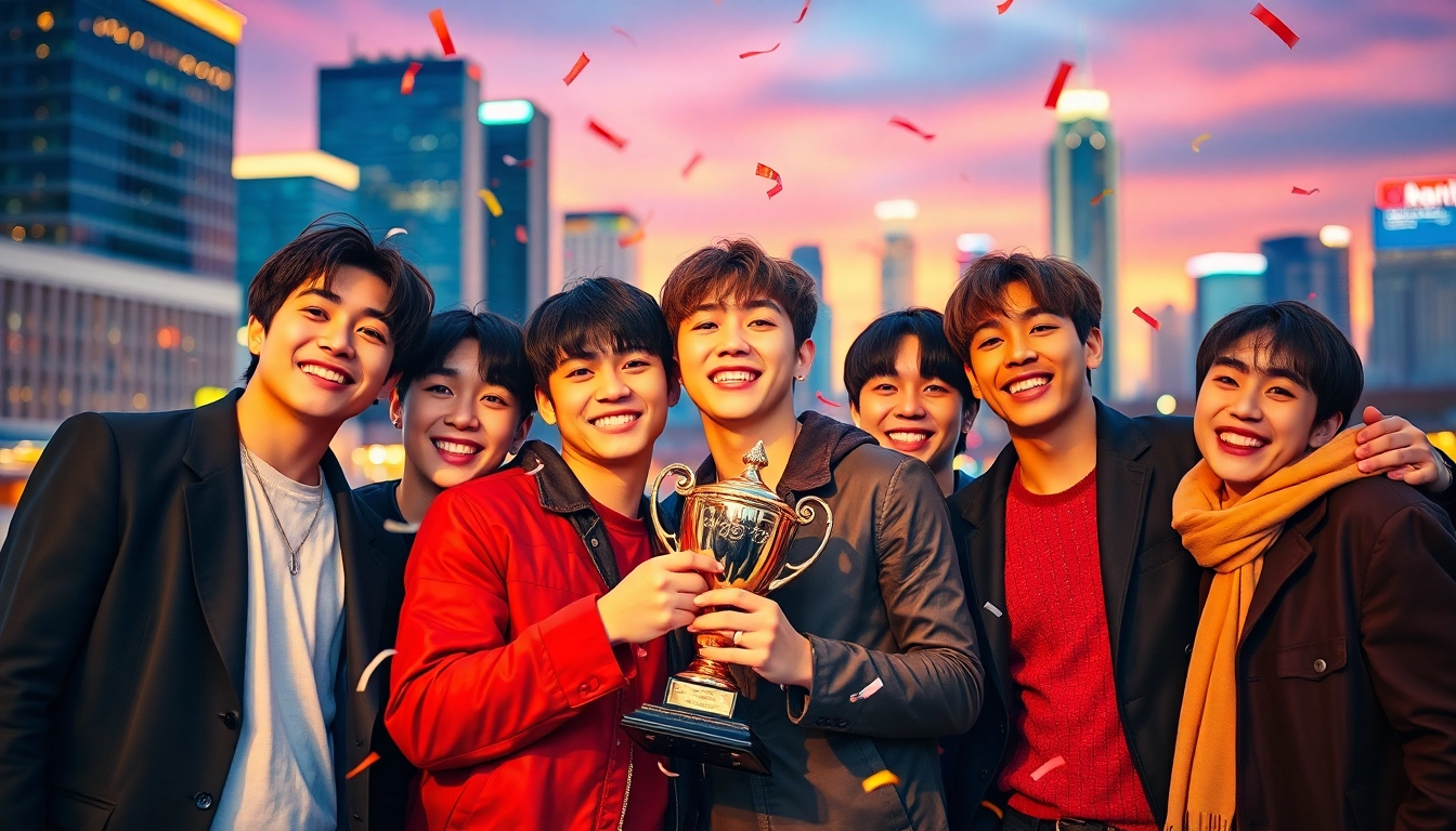 BTS news celebration with members in a festive urban backdrop, capturing joy and success.
