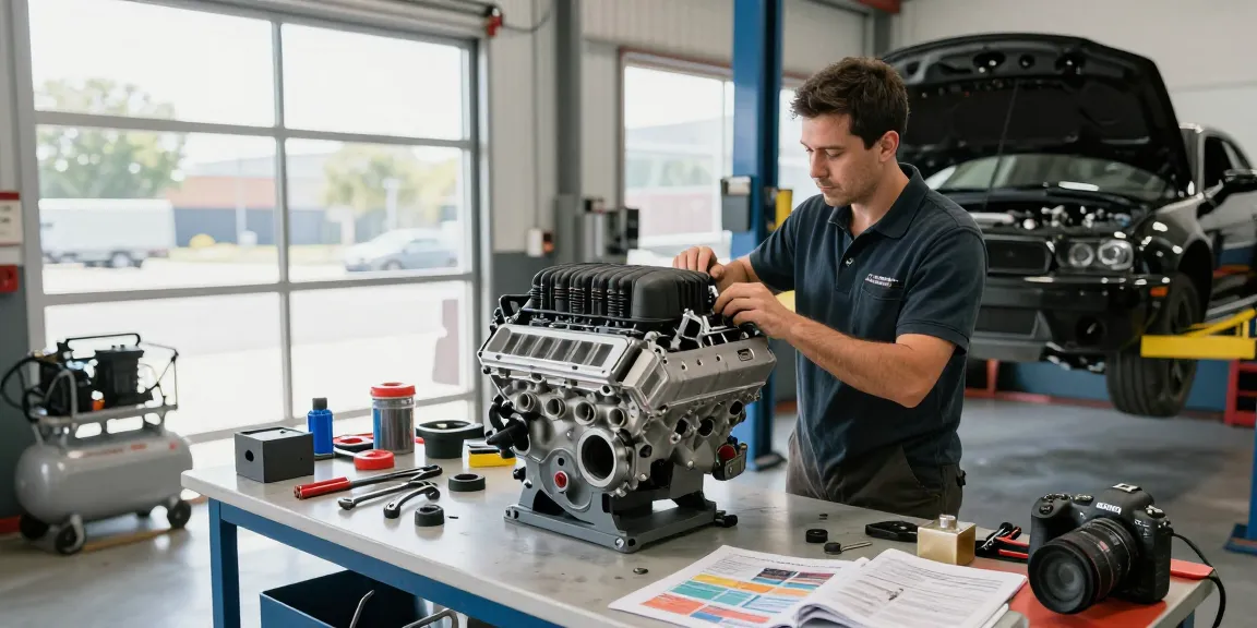 Mechanic inspecting a Hellcat motor for sale in an automotive workshop.