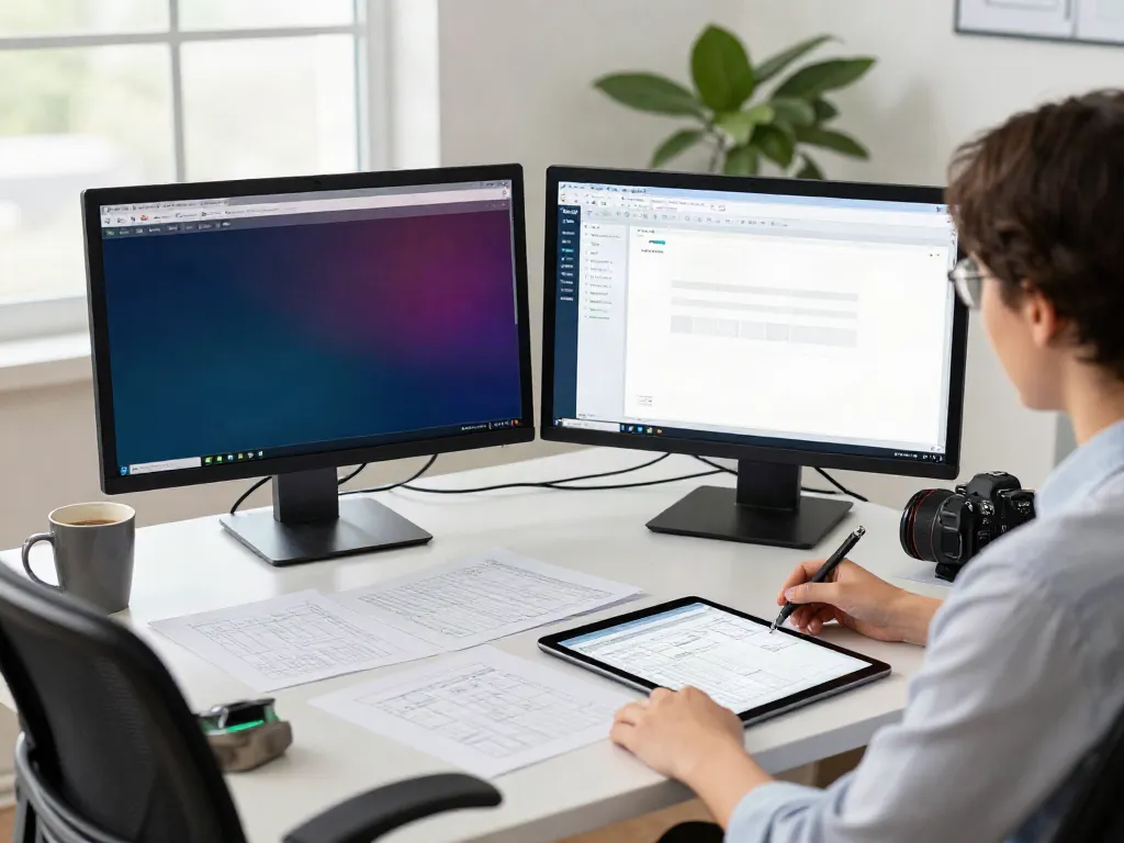 Tax software for new tax business displayed on dual monitors in a modern office.