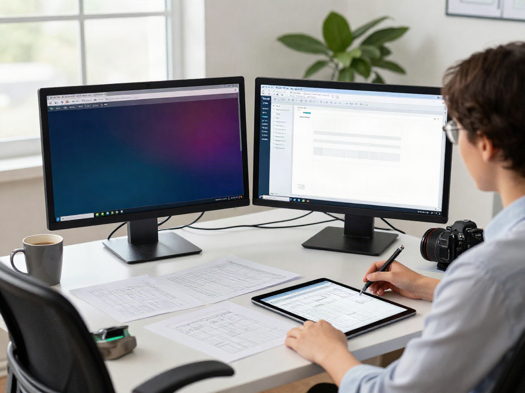 Tax software for new tax business displayed on dual monitors in a modern office.