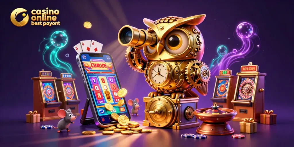 Experience high-stakes fun with the casino online best payout, showcasing a golden owl and vibrant slot machines.