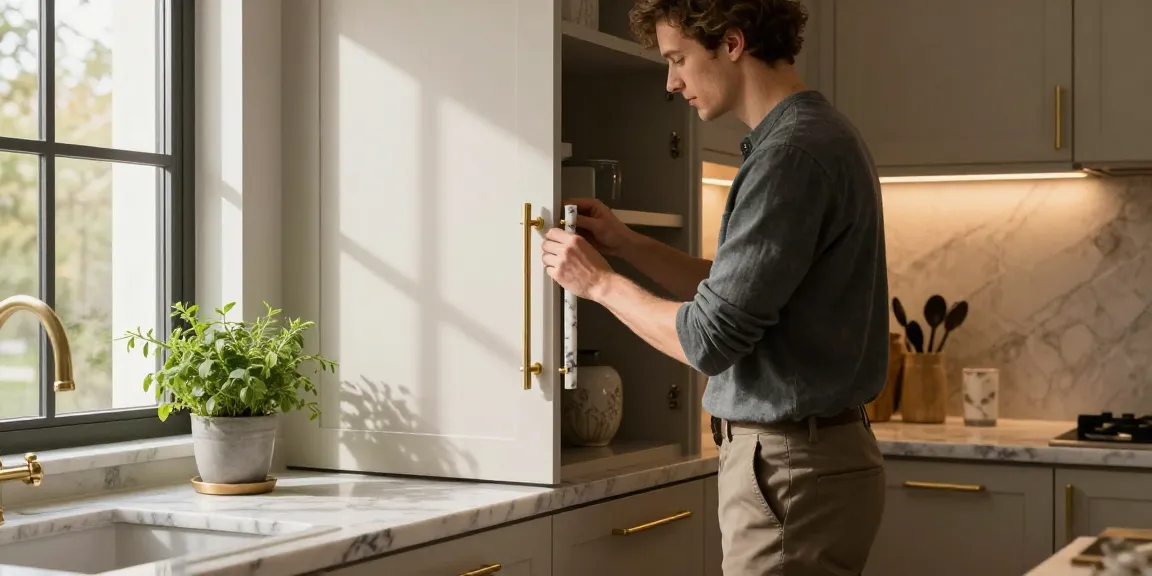Stylish kitchen featuring luxurious handles being installed, emphasizing elegance and craftsmanship.