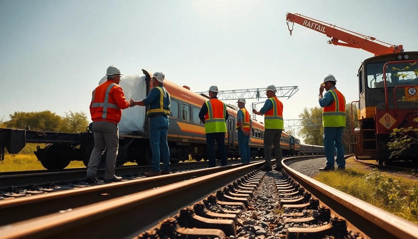 Emergency Railroad Repair Services showcasing crews actively restoring and repairing damaged railway tracks.