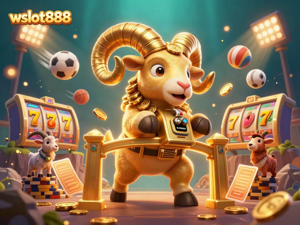 Memainkan slot di wslot888 dengan keberuntungan dalam ilustrasi 3D kartun penuh warna.