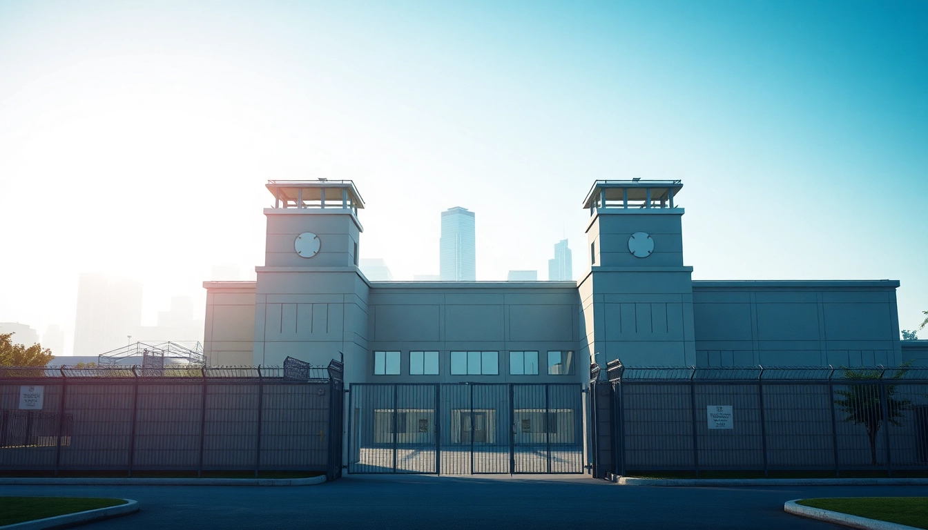 View of the safe and secure OC Jail facility amid an urban skyline during the day.