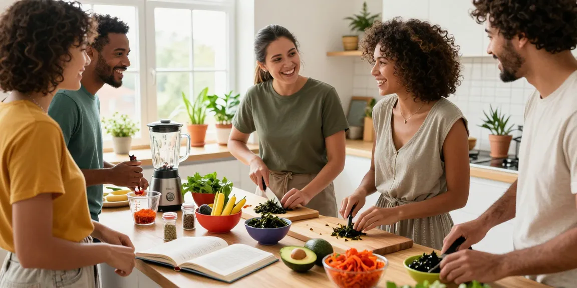 Vegan astaxanthin-rich ingredients being prepared by friends in a sunny kitchen, showcasing community and health.