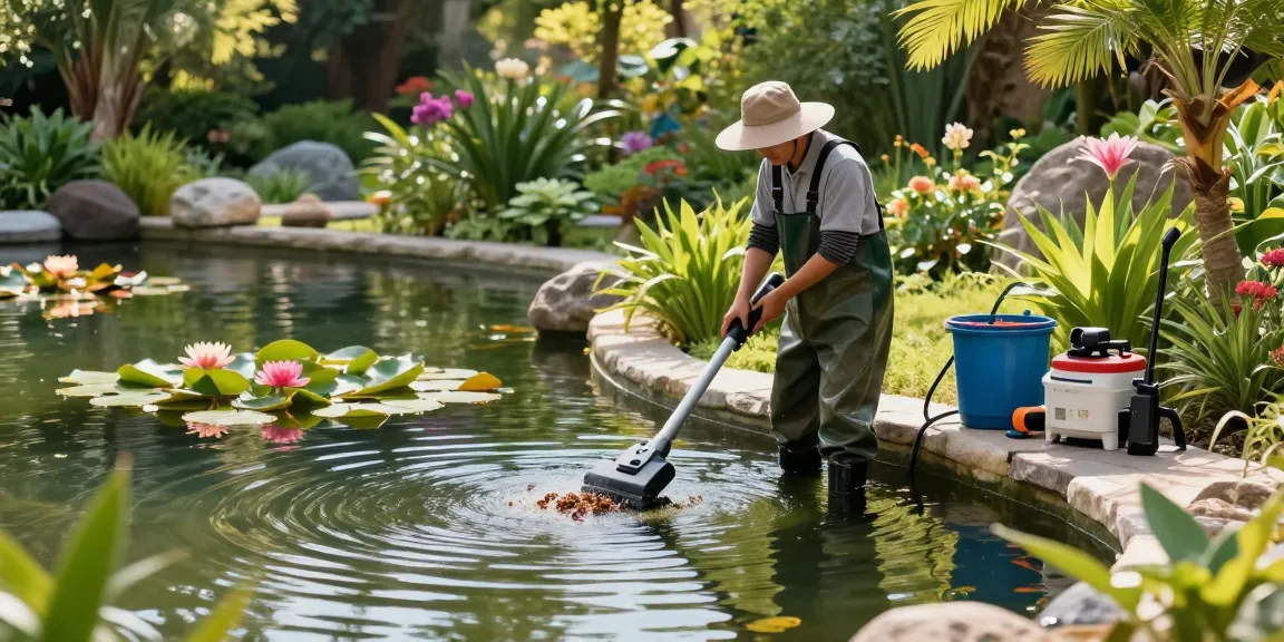Professional Pond Cleaning Essex service with a pond cleaner maintaining a serene garden pond, surrounded by aquatic plants and cleaning tools.