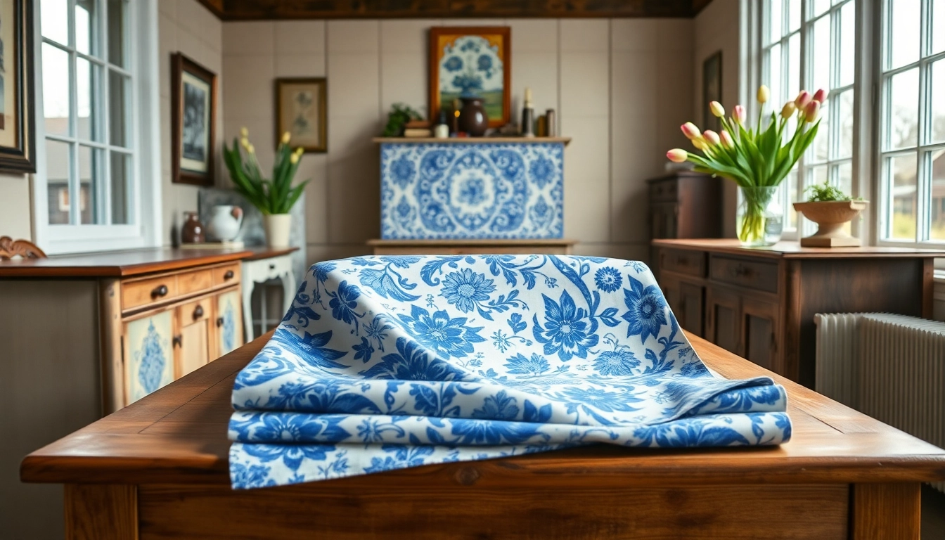 Delftsblauwe stoffen collectie met stijlvolle patronen in een Nederlands interieur tonen.