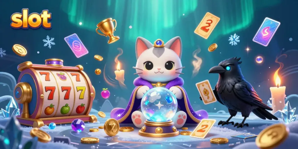 Slot gacor dan simbol keberuntungan menghiasi ilustrasi kucing pencerita mistis.