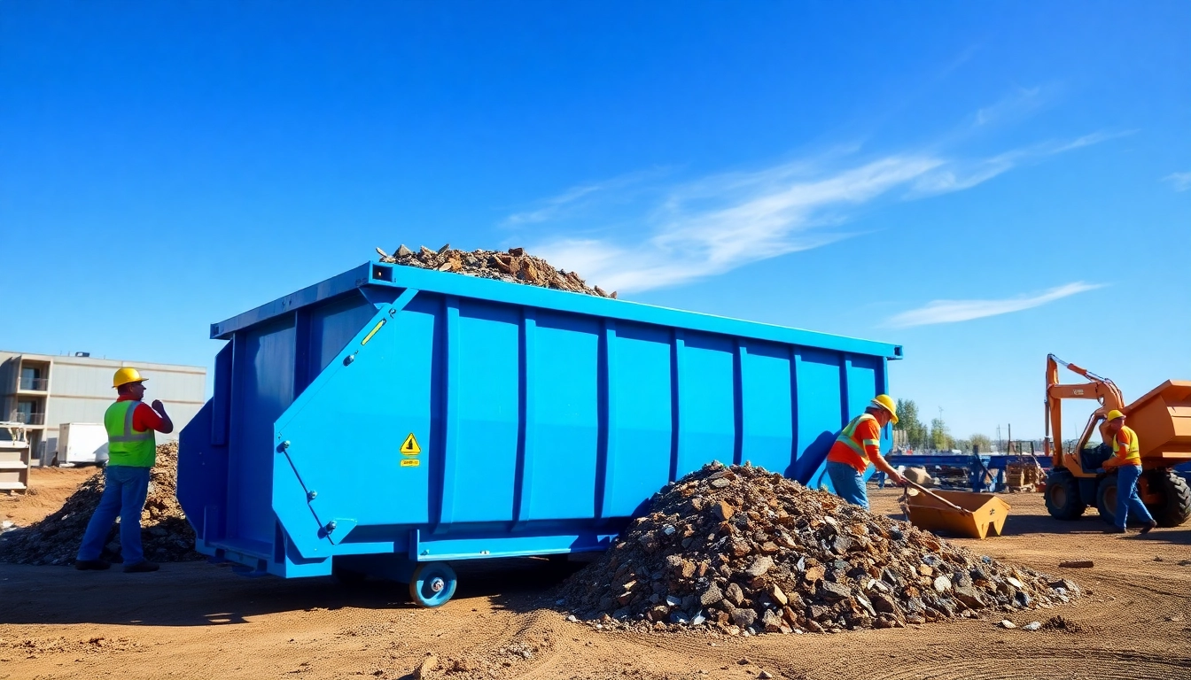 Showcase of dumpster rental service Edmonton AB in action with clear blue skies and construction activity.
