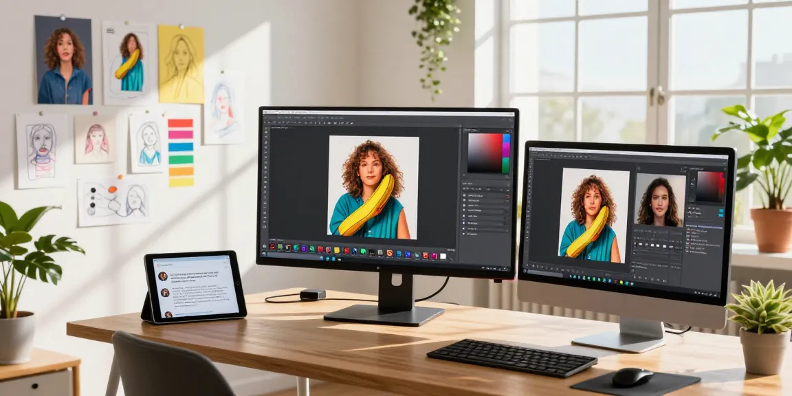 Creative workspace showcasing digital artist using nano banana 2 AI image editor with vibrant project sketches and natural light.