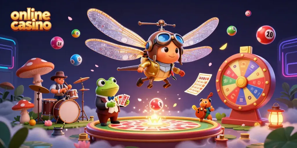 Experience an exciting online casino scene with a dragonfly pilot, frog croupier, and lively cricket musicians.