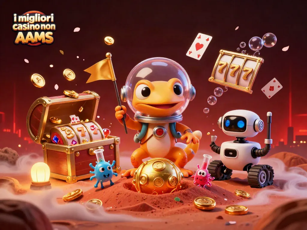 Scopri i migliori casino non AAMS con slot a jackpot e un'atmosfera avventurosa in un'illustrazione affascinante.