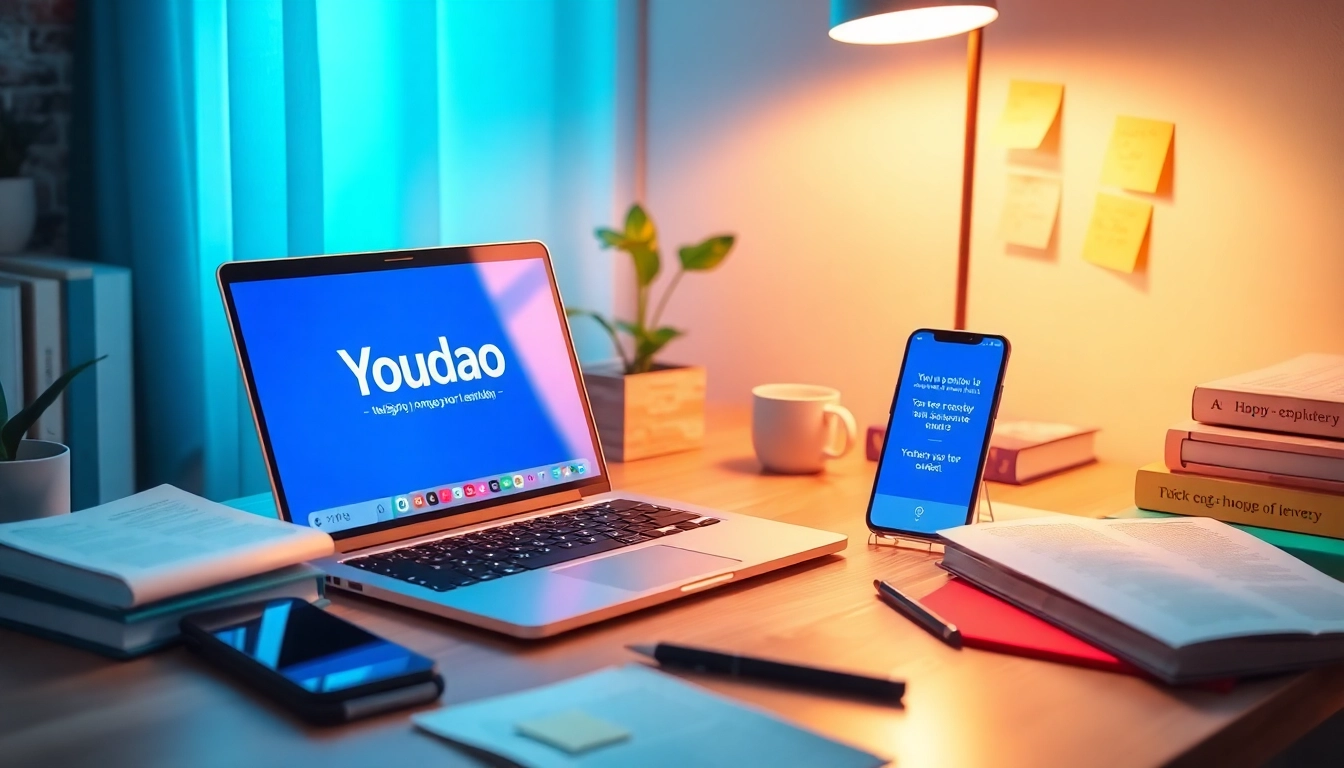 Youdao translation tools enhancing language learning in a modern workspace