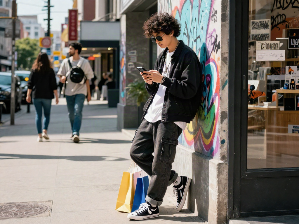 Stylish streetwear lifestyle featuring rokok88 accessories in an urban environment with vibrant graffiti.
