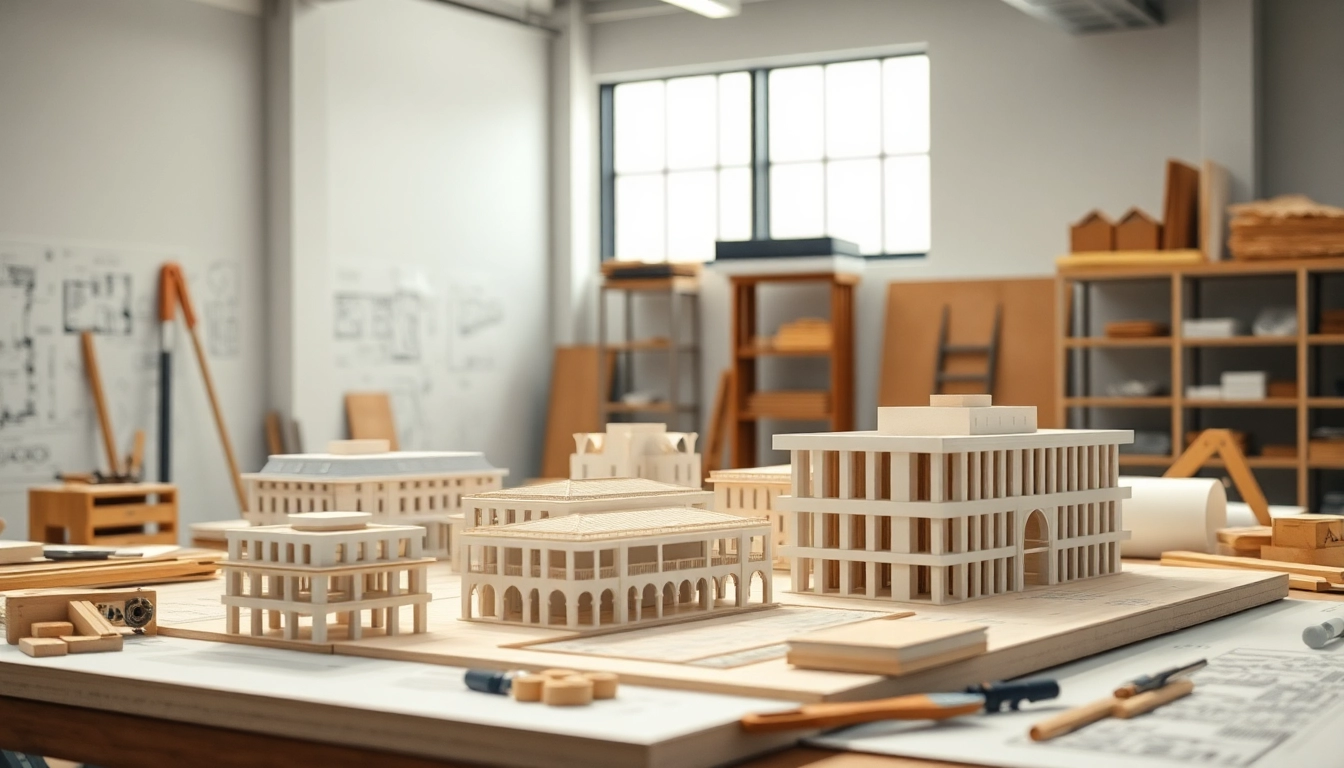 Architekturmodellbau Kassel: Detaillierte Fachleute erstellen ein Architekturmodell in einer modernen Werkstatt.