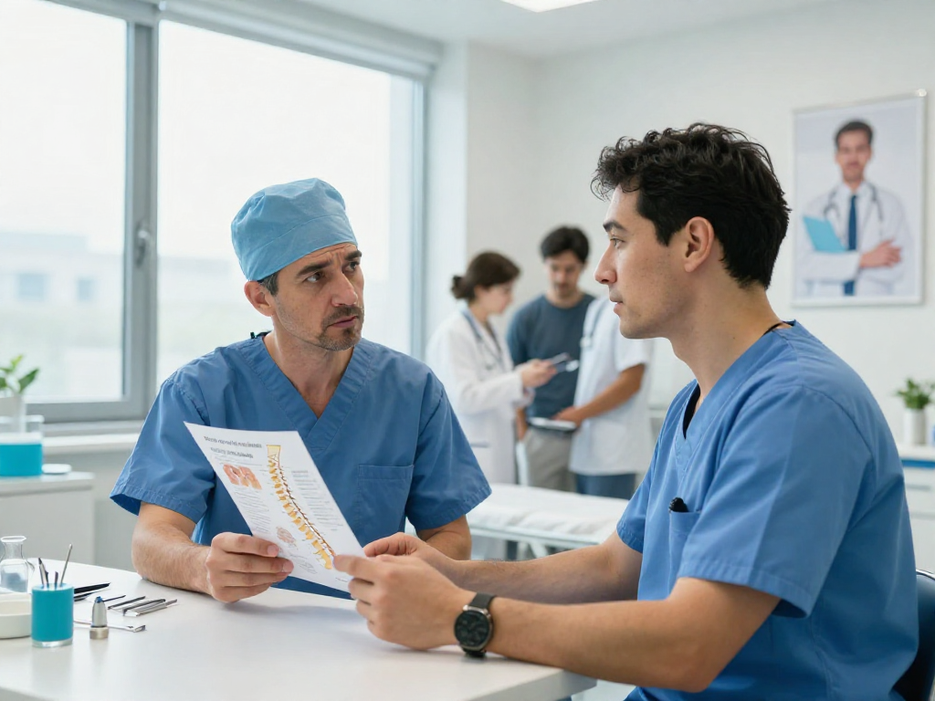 Patient discussing bel fıtığı ameliyatı options with surgeon in modern clinic, showing caring medical environment.