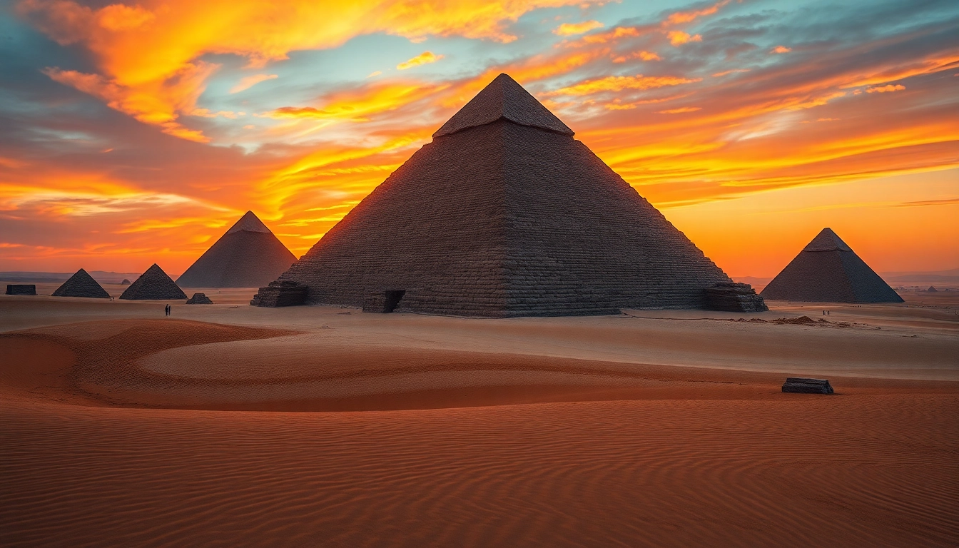 Marvel at the ancient piraminds of Giza under a stunning sunset, showcasing their grandeur.