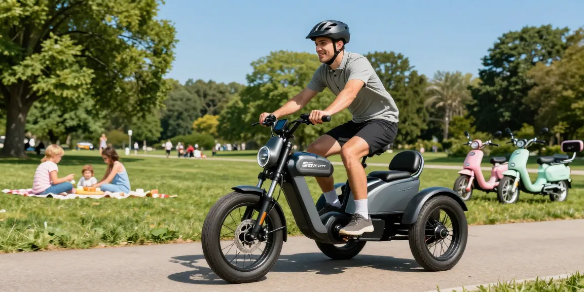 Experience the best electric tricycles with Scout, showcasing an adult riding an electric trike in a sunny park.