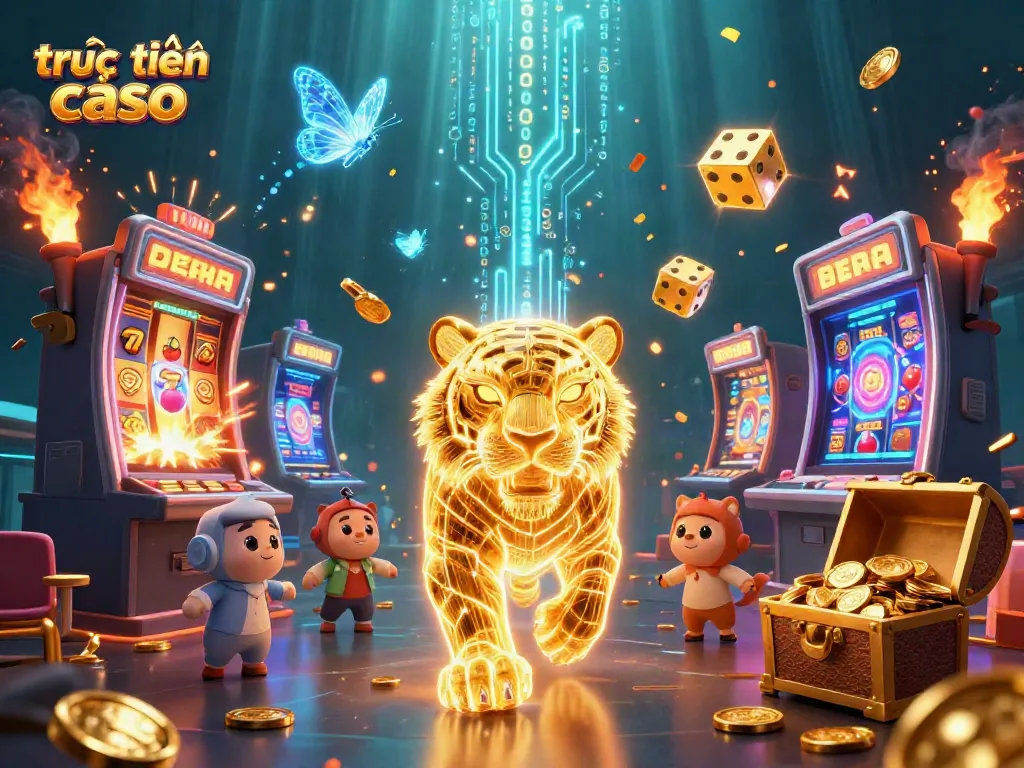 Khám phá sòng bạc trực tuyến với hình ảnh chú hổ ánh sáng và máy slots nổ tiền vàng.