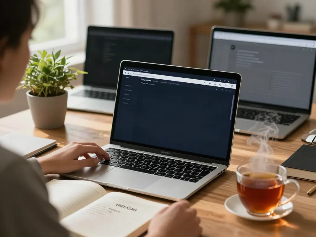Exploring ZoeChip contents on a laptop in a cozy home office setting.