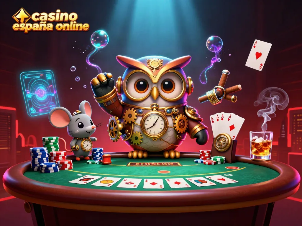 Disfruta de la emoción del casino España online con una escena vibrante de póker y personajes únicos.