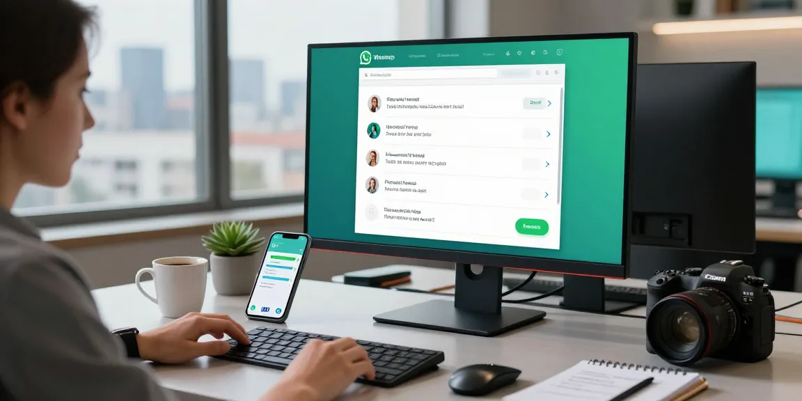 Using WhatsApp網頁版 on a sleek workspace with a vibrant digital interface.