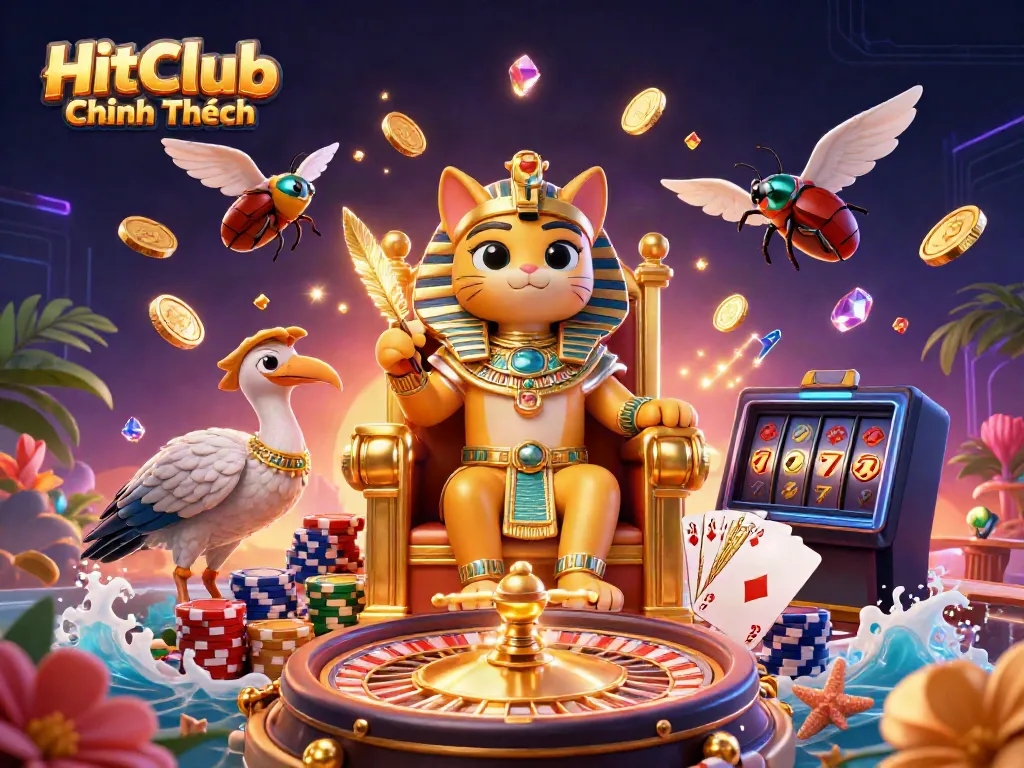 Experience the excitement of HitClub Chính Thức with dynamic gambling elements and vibrant characters in this 3D render.