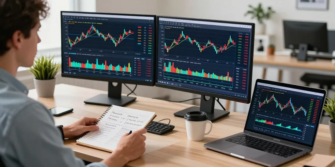 在TradingView官网上使用多个屏幕进行市场分析的交易者，展现专业的交易工作环境。