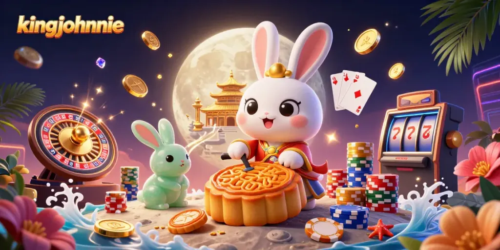 Experience kingjohnnie's magical moonlit casino with a captivating scene of luck and gaming.