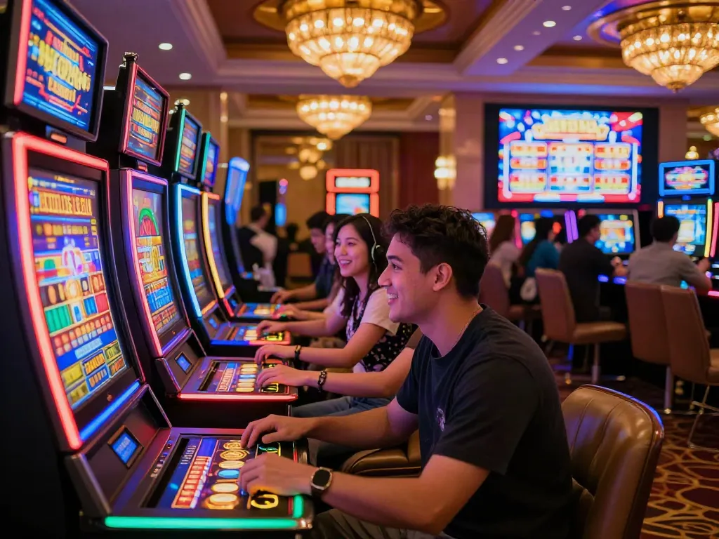 Permainan slot777 di kasino Asia dengan pemain bersemangat di suasana meriah.