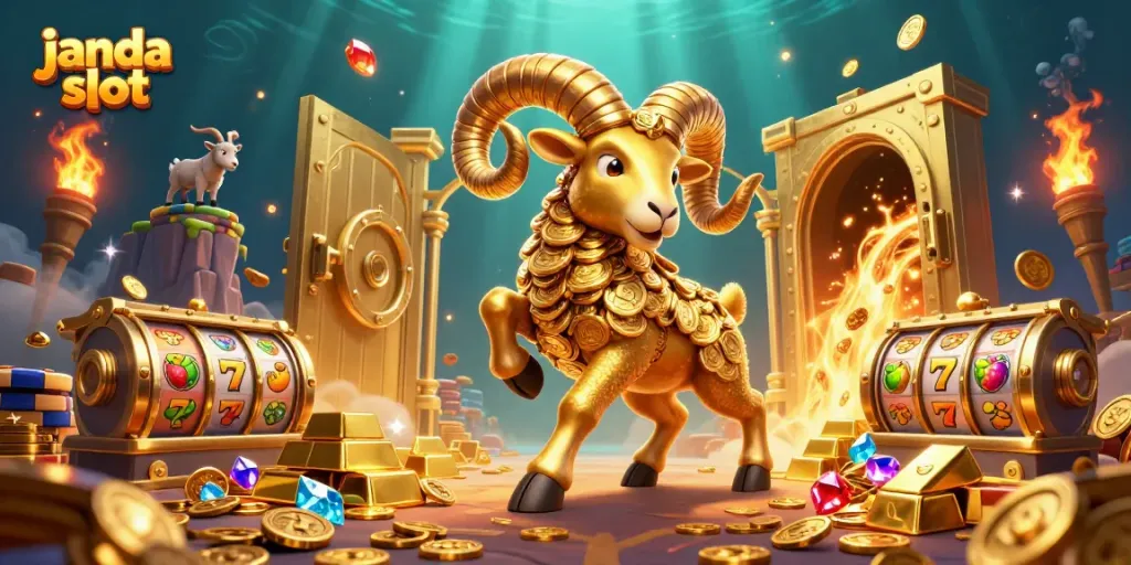 Visualisasi janda slot dengan domba emas dan elemen permainan judi yang memukau.