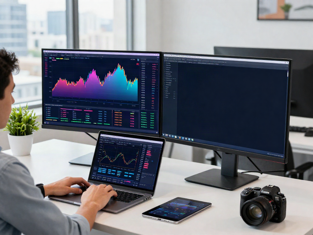 Trader using MetaTrader 5 on dual monitors for financial analysis in a modern office.