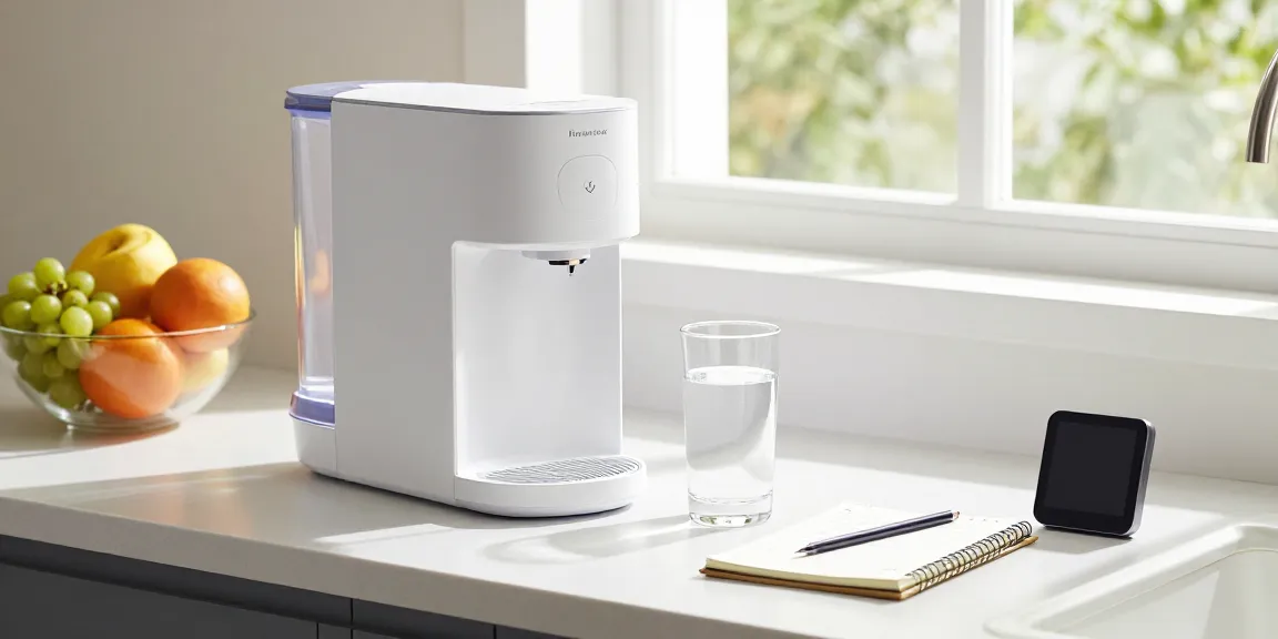 Distilled water purified water difference highlighted in a modern kitchen with a reverse osmosis water purifier and refreshing glass of water.