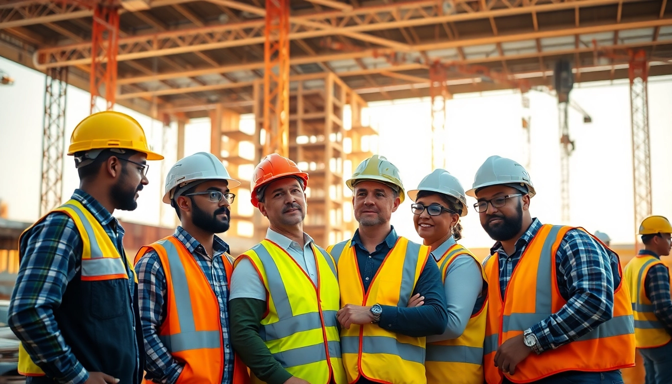 Construction site safety teamwork among diverse professionals in a vibrant environment.