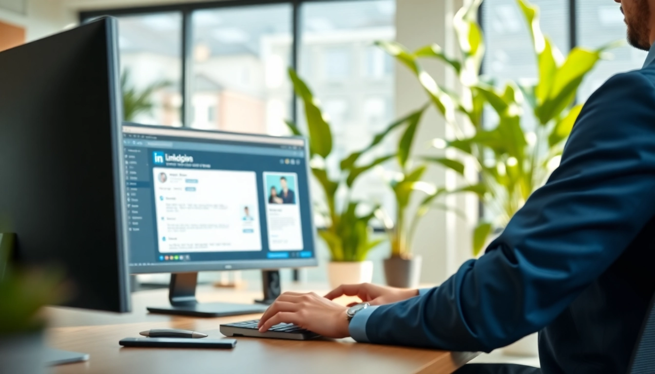 Extract emails from linkedin profiles using advanced software in a modern office setting