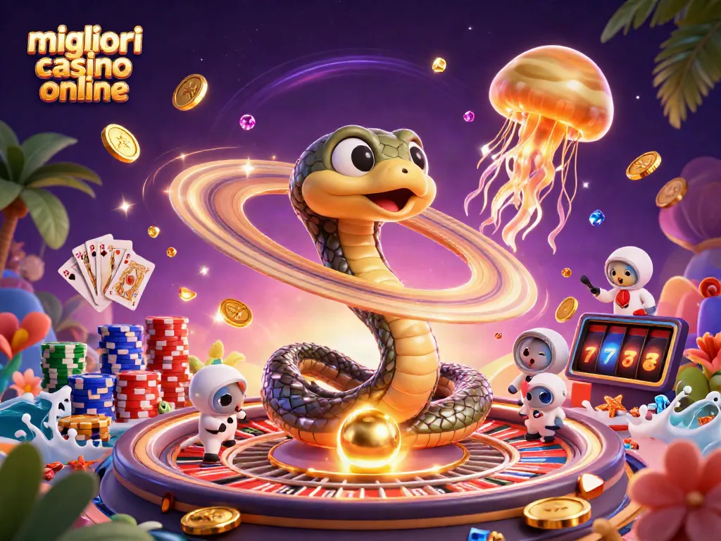 I migliori casino online presentano una scena vibrante con un serpente di Saturno come ruota della roulette e topini astronauti che scommettono.