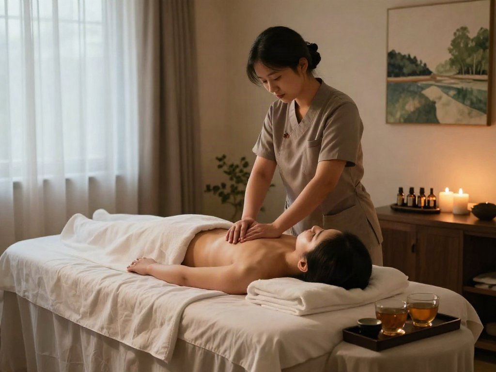 Serene 성동구출장마사지 therapy scene with therapist and calming ambiance.