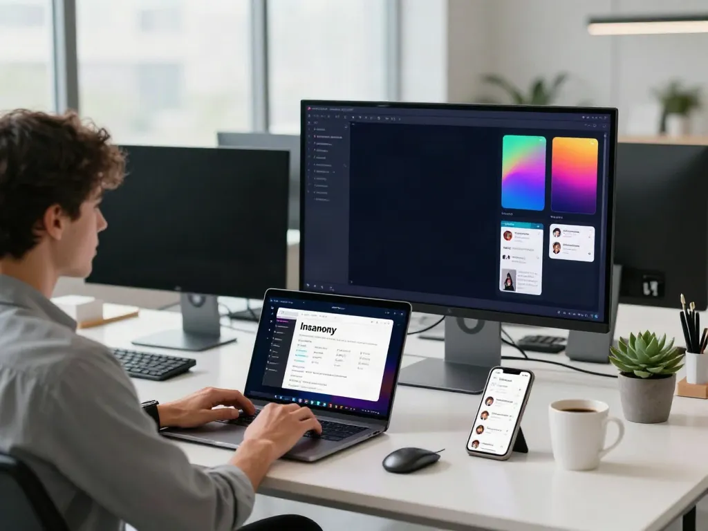 Professional workspace showcasing Insanony app on laptop, emphasizing engagement with Instagram stories.