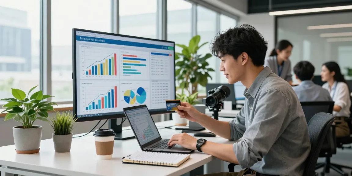 Young professional analyzing 신용카드현금화 data in a modern finance office