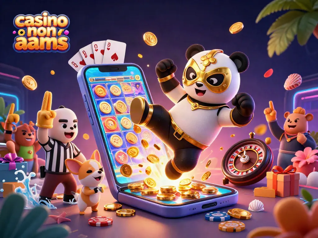 Giocatori in azione presso un casino non AAMS con slot e emozionanti bonus, vivace scena con panda e chihuahua.