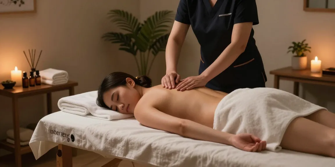 1인샵 massage therapist providing a relaxing treatment in a cozy, serene environment with aromatic oils and soft lighting.