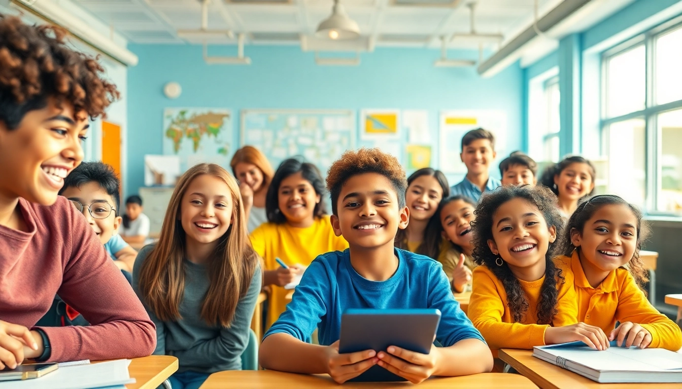 Engaging classroom scene showcasing education with diverse students using digital learning tools.